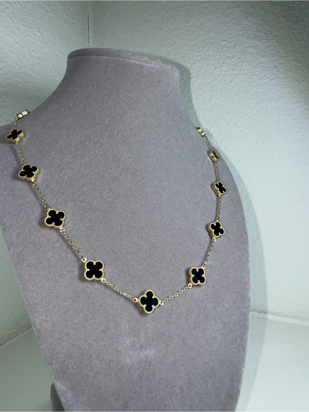 Gold Chain Necklace with Black Clover Motifs - Women's Jewelry